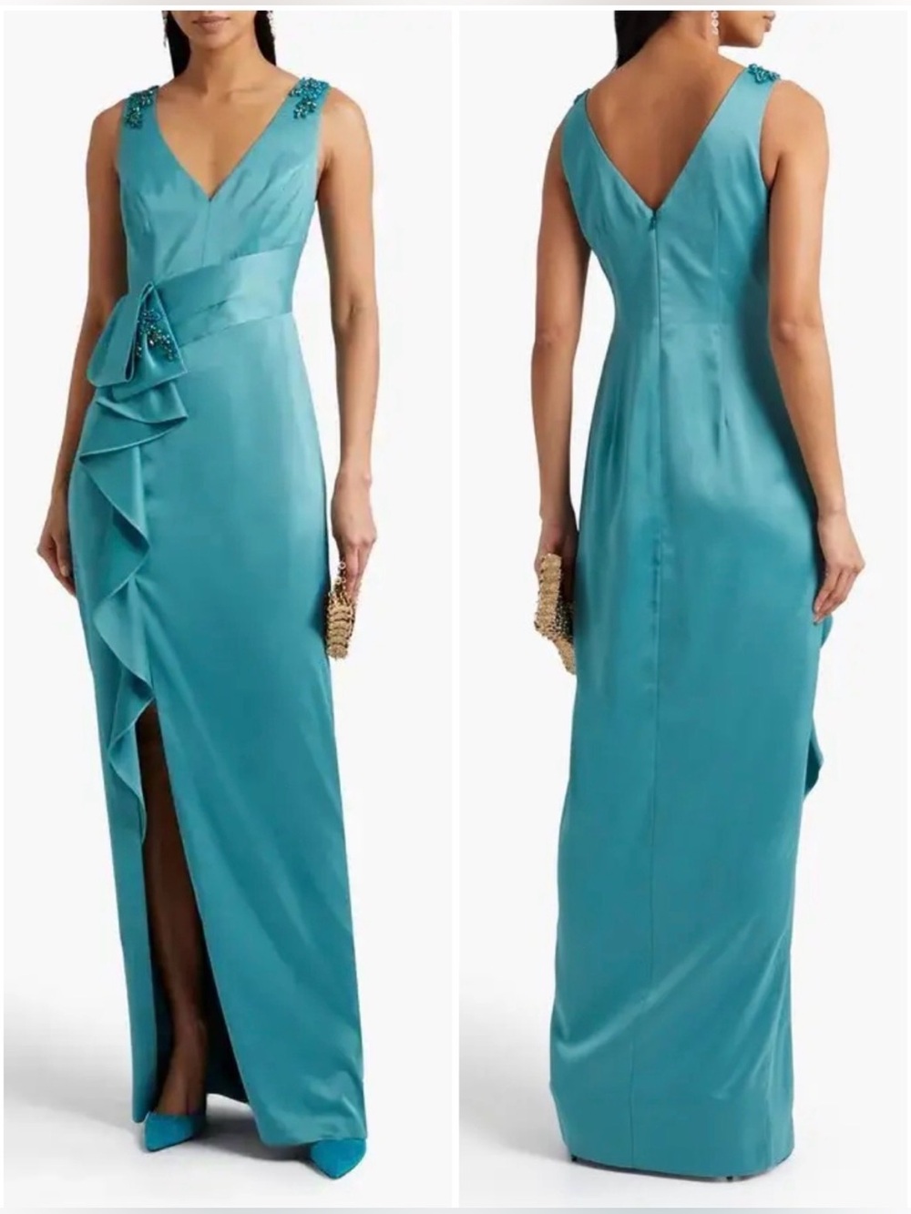 Marchesa Notte Embellished Ruffled Satin-Crepe Gown Teal NEW NWT